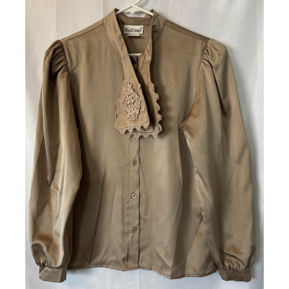 Vtg‎ That's Me Cottagecore Button Up Blouse Taupe Brown Tie Neck Women Size 9-10